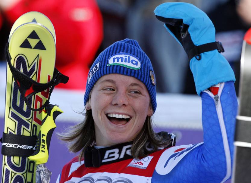 Slalom gigante di Ofterschwang, gennaio 2008: Denise Karbon esulta  la sua sesta vittoria in Coppa del Mondo (Afp)